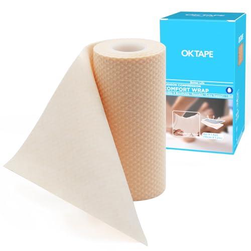 OK TAPE Short-Stretch Compression Bandage Wrap with Velcro, 2-Layer Comfort Wrap for Leg, Foot, Arm, Ideal for Use in Lymphoedema, Oedema, Latex Free - 4Inch x 4 Feet, 1 Roll