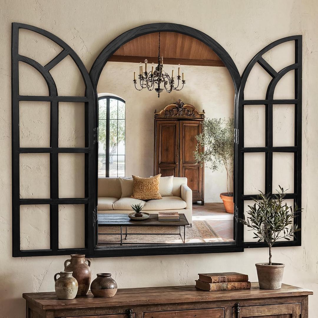 TRAHOME Arched Windowpane Mirror, 28"x40" Black Wood Frame Rustic Farmhouse Wall Mirror, Vintage Decorative Window Mirror for Living Room, Entryway, Bathroom