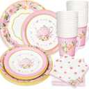 Whaline Pink Tea Party Tableware Supplies Serves 24 Pink Floral Tea Party Disposable Paper Dinnerware, 24 9" Plates 24 7" Saucer Plate 24 9oz Tea Cups with Handle 48 Luncheon Napkins