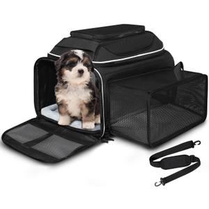 Petskd Top and Side Expandable Pet Carrier 18x11x11 Inches Delta United Airline Approved, Soft-Sided Carrier for Small Cats and Dogs with Locking Safety Zippers and Anti-Scratch Mesh(Black)