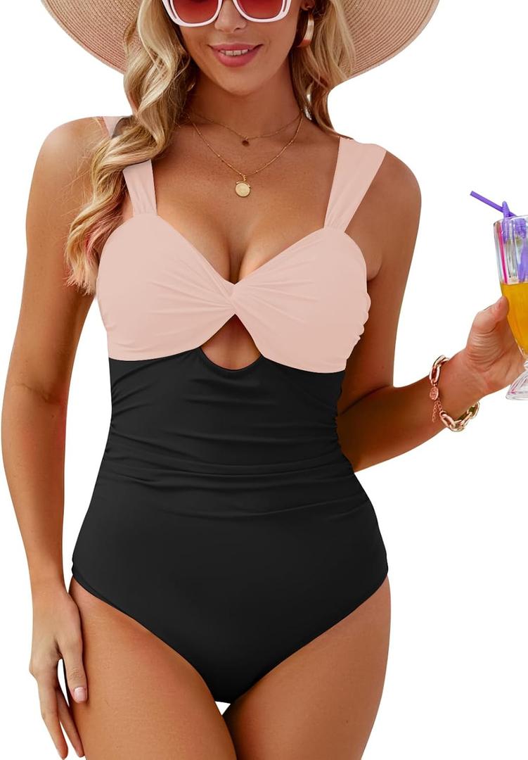 VIMPUNEC Women Tummy Control One Piece Swimsuit High Waisted Bathing Suit Cut Out Swimwear PinkBlack XL