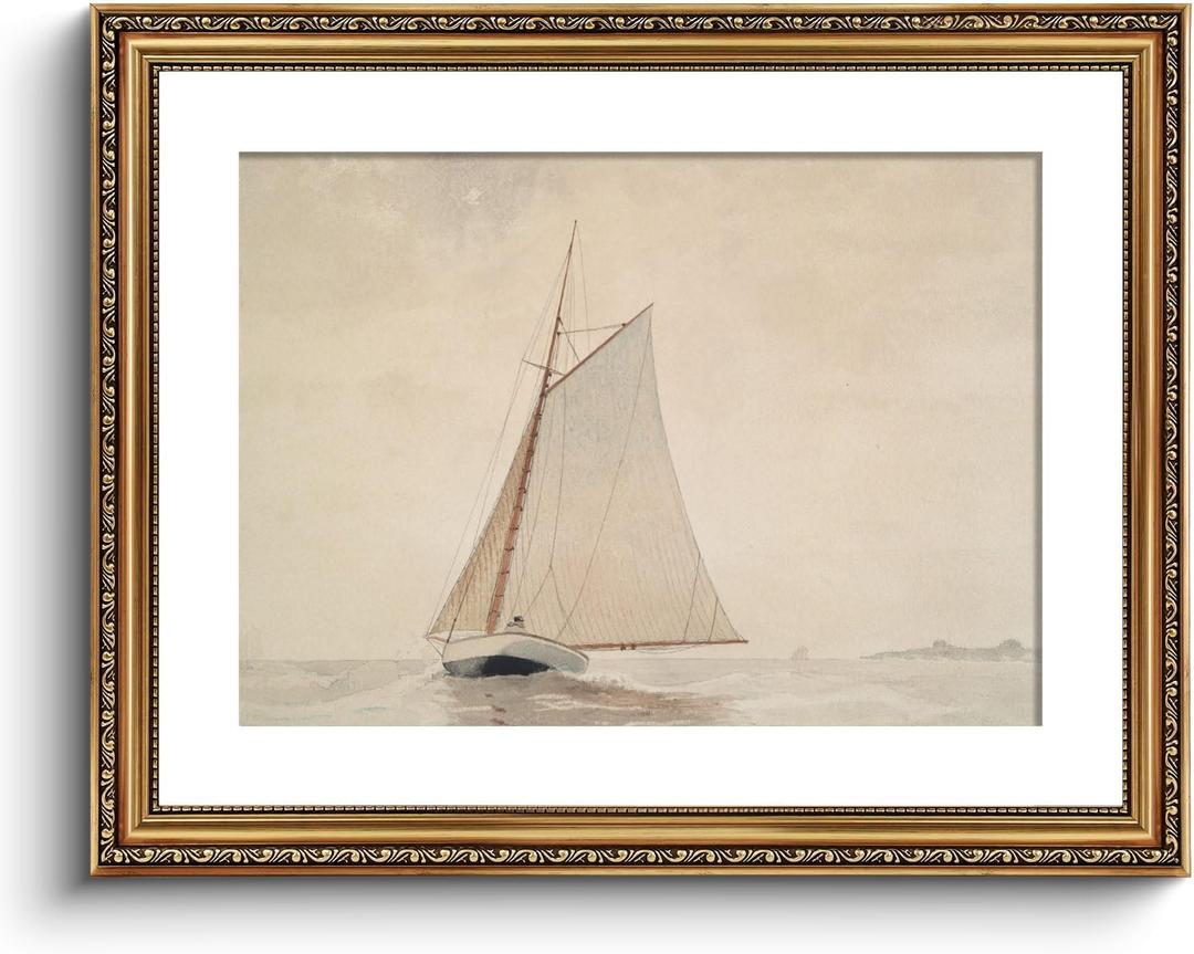 VIYYIEA Gold Framed Wall Art Canvas Print Home Decor for Living Room White Sailboat Seascape Watercolor Vintage Beach Painting on Canvas - Coastal Wall Art Prints for Bedroom Office Bathroom 16x20in