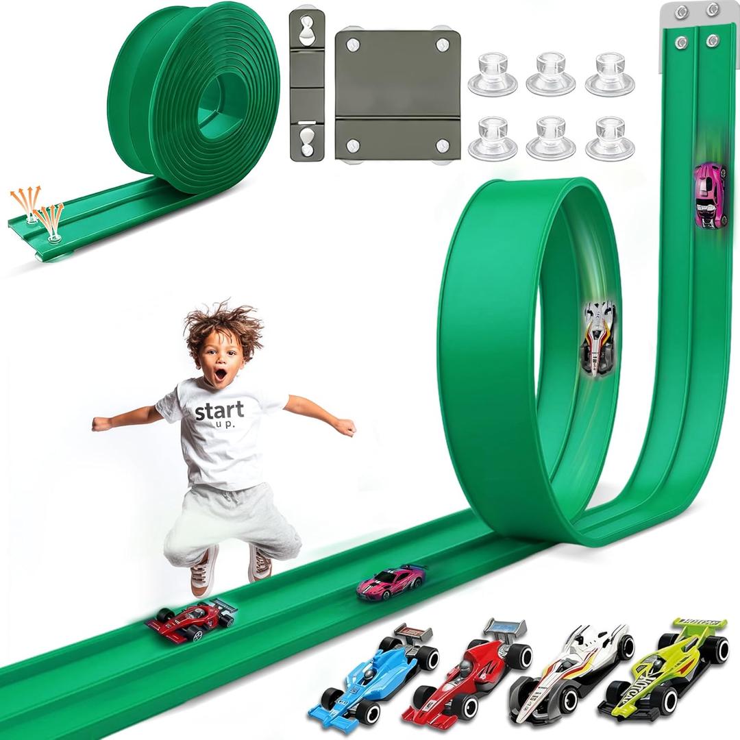 15.75 Ft Flex Track for Kids, Flexible Race Track Compatible with Hot Wheels and Diecast 1/64th Cars, Roll-Up Portable Race Car Ramp Track with Suction Cups & Track Anchors & 4 Race Cars, Green