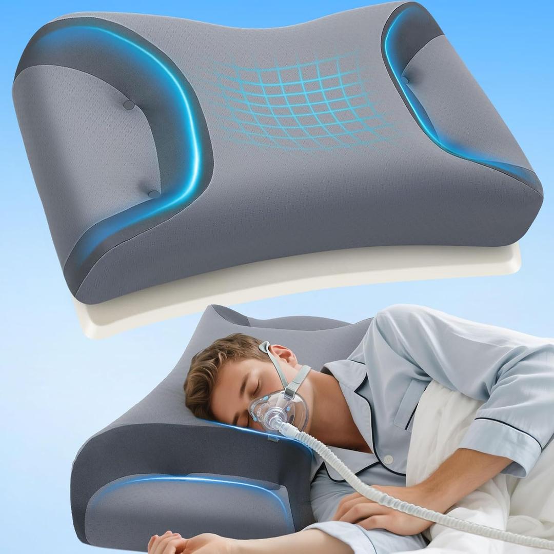 IKSTAR CPAP Pillow for Side Sleepers with Larger Cutouts Adjustable Height Memory Foam Fits Most Nasal/Full-Face/Pillow Masks Helps Reduce Mask Pressure & Air Leaks Cooling Washable Cover, Large-25.2"L*14.9"W*H