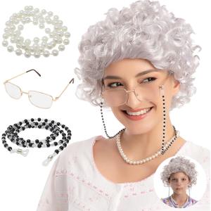 Spooktacular Creations Halloween White Old Lady Wig, White Granny Costume Wig Set with Wig Cap Glasses, Eyeglass Chain and Pearl Necklace for Women Kids for Halloween Cosplay, Fancy Dress