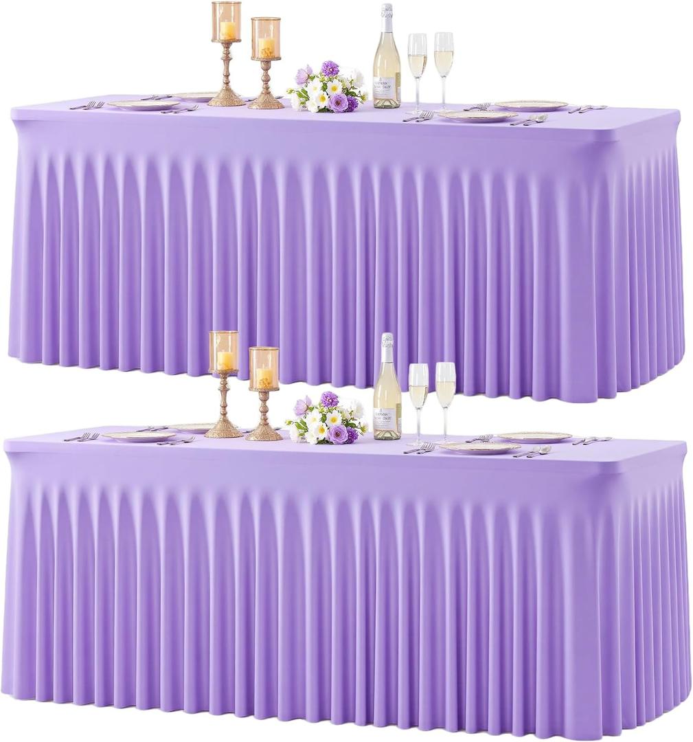 Suppromo 2 Pack 8ft Lavender Spandex Table Cloths for Rectangle Tables Wrinkle Free Light Purple Rectangle Tablecloths Stretch Fitted Table Cover for Birthday Party Wedding Banquet Baby Shower Buffet