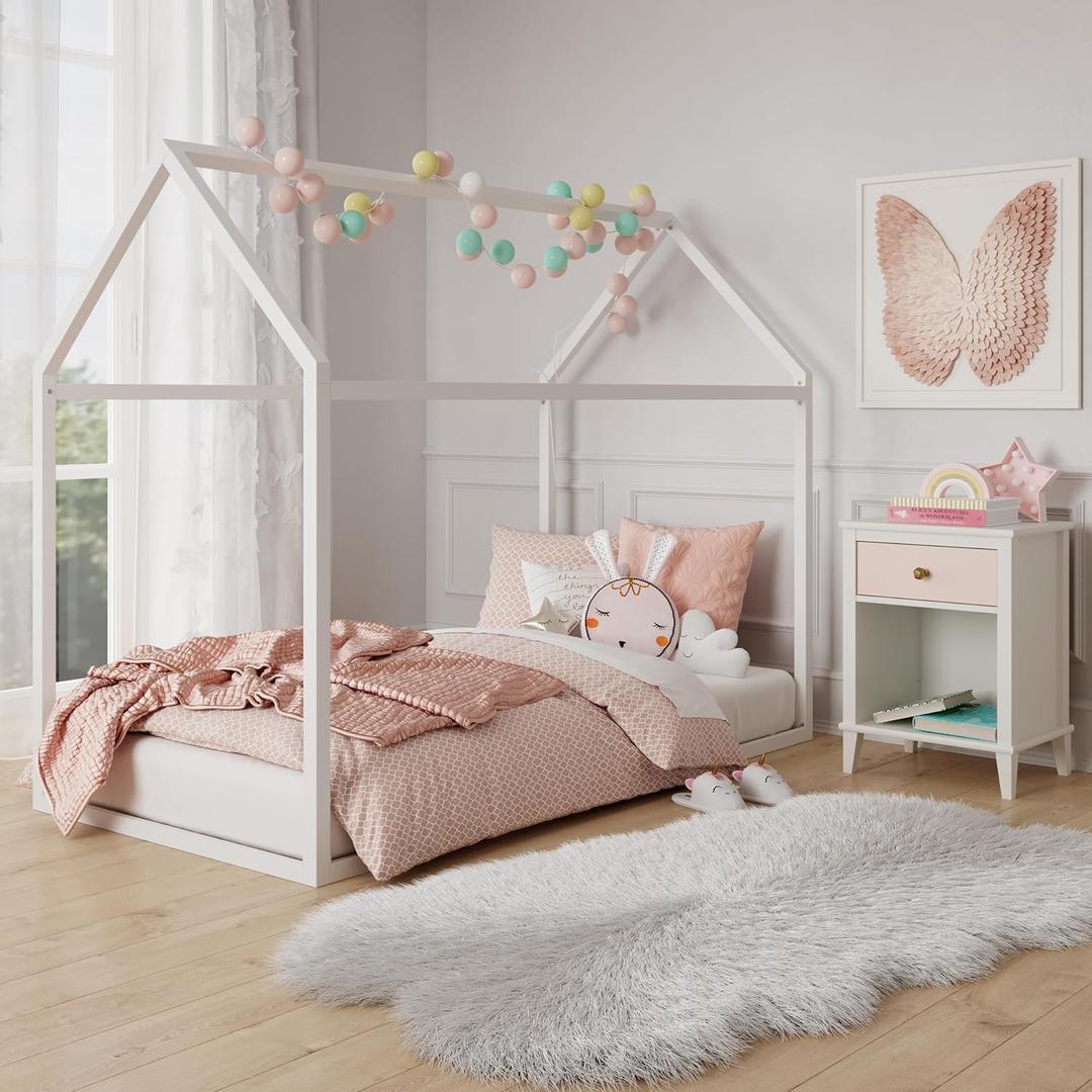 Little Seeds Skyler Montessori-Style House Floor Bed Frame for Kids and Toddlers, Metal Canopy Frame, No Box Spring Required, Twin, Off White