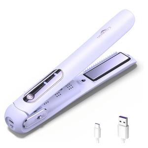 Cordless Hair Straightener, Portable Flat Iron and Curler 2 in 1, Fast Heat, Type-C Rechargeable, for Travel/Home (Purple)