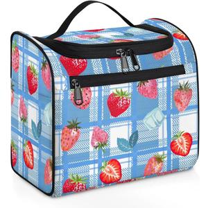 Large Capacity Travel Toiletry Bag for Women - Portable Handle Makeup Bag Organizer, Waterproof Hanging Cosmetic Case with Multiple Pockets, Double Zippers for Vacations - Strawberry Check