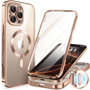 BERFY Magnetic for iPhone 16 Pro Max Case, Compatible with MagSafe, [Built-in 9H Tempered Glass Screen Protector & Upgraded Camera Protection] Full Body Plating Phone case for 16 Pro Max,Desert Gold