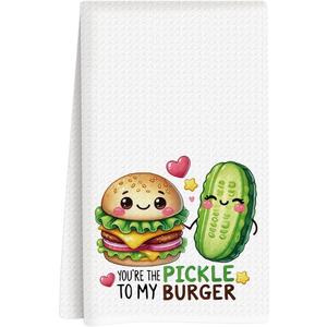 Valentines Day Kitchen Towels, Valentines Day Decorations, Gift for Her Him Boyfriend Girlfriend, Funny Food Pun Pickle and Burger Dish Towels, Anniversary Decoration Hand Towel 14x24 Inch