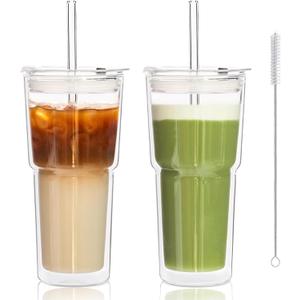 KEMORELA 2PCS 20oz Double Wall Glass Tumblers with Lids and Straws – Insulated Borosilicate Glass Matcha Cups for Iced Matcha Latte, Smoothies, Reusable Travel Glass Cups – Leak Proof 2-in-1 Lid Clear double wall glass coffee mugs
