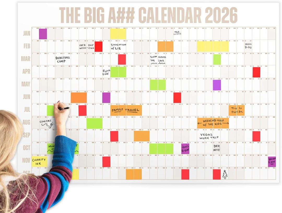 The Big A## Calendar Full-Year Wall Calendar  2026 Dry-Erase  Includes 1 Marker & 100 Labels  Lightweight, Easy to Hang Yearly Calendar  Year at a Glance  Plan Big Goals & Adventures  Neutral