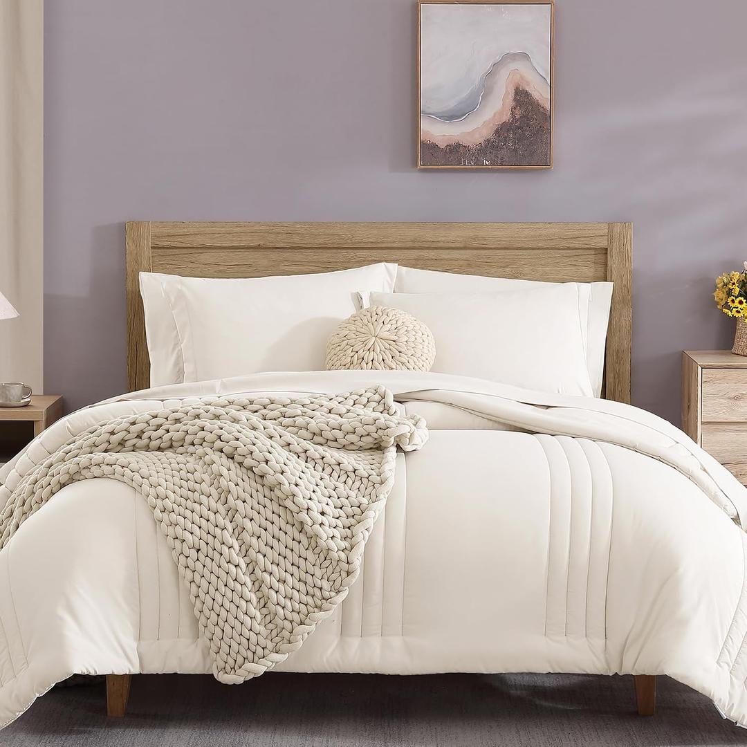 Monbix Full Size Comforter Sets - 7 Pieces White Bed in a Bag Full Size Bedding Sets with Comforters, All Seasons Comforter with Sheets,Pillowcases & Shams