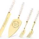 Wedding Cake Knife and Server Set, Gold Ceramic Pearl Handle Cake Cutting Set for Weddings, Engagements, Anniversaries, and Engagement Gifts for Couples