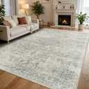 DEXI Area Rugs for Living Room, 8x10 Washable Low Pile Vintage Traditional Rug for Bedroom, Non Slip Large Indoor Carpet for Dining Office Nursery, Beige Blue