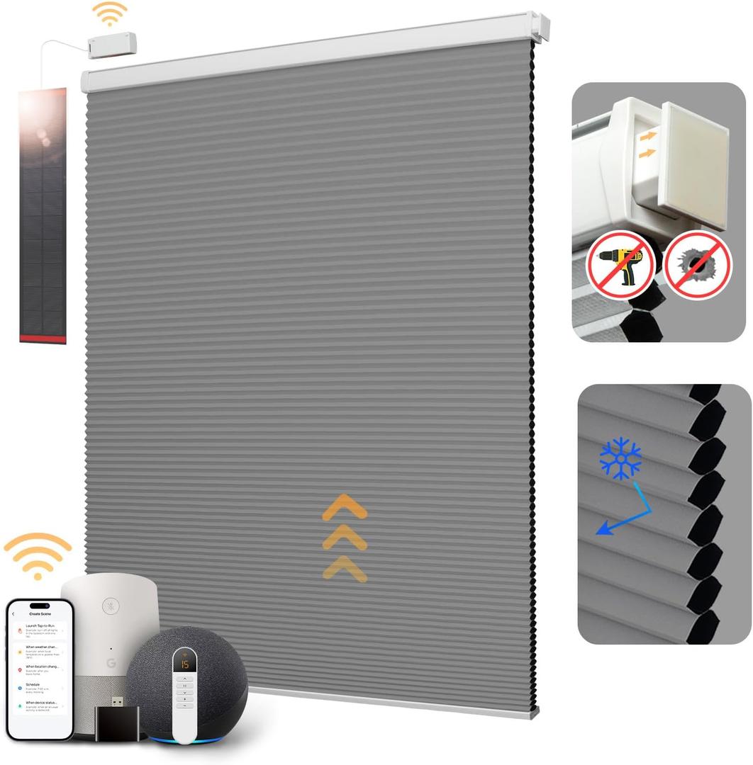 CINONEKO No Drill Motorized Cellular Shades with Remote，Cordless Smart Honeycomb Blinds, Free Solar Panel, Blackout Electric Blinds, No Tools No Drilling Honeycomb Shades, Gray, 46"W x 64"H