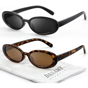 DANAMY Sunglasses Womens Retro Oval Sunglasses for Women Men Fashion Small Oval Sun Glasses 90s Vintage Driving Shades (A1 Black+leopard Frame-brown Lens)