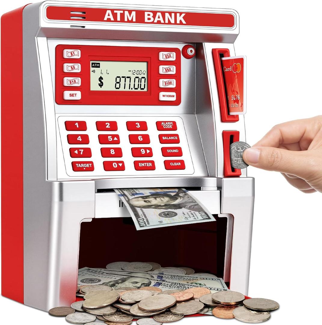 Red Piggy Bank for Kids, ATM Machine Bank for Real Money with Debit Card, Bill Feeder, Coin Recognition, Balance Calculator, Electronic Savings Safe Box, Gifts for Teen Boy Girl