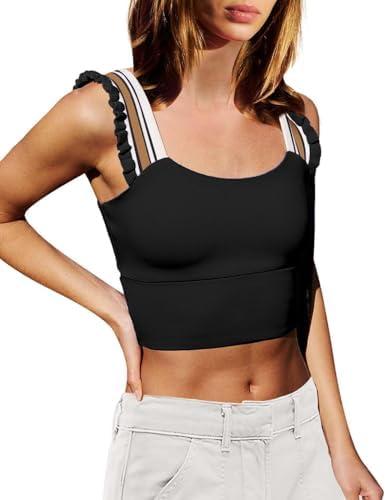 Wenlia Women's Cropped Tank Tops Sleeveless Stretchy Camisole Ruffle Wide Strap Cut Out Workout Gym Athletic Camis Shirt,  Extra Large, Black  Wenlia Women's Cropped Tank Tops Sleeveless Stretchy Camisole Ruffle Wide Strap Cut Out Workout Gym Athletic Camis Shirt,  Extra Large, Black