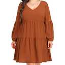 Pinup Fashion Tunic Dress Women Plus Size Fall Long Sleeve Brown Babydoll Shift V Neck Cute Casual Loose Flowy Swing Ruffle Dresses 20W