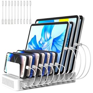 RISWOJOR Charging Station for Multiple Devices, 100W 10 Ports Charging Dock with 10 Cables Smart IC Tech and Adjustable Dividers Type-C，Multi USB Charger for iPhone Galaxy iPad Tablet，White