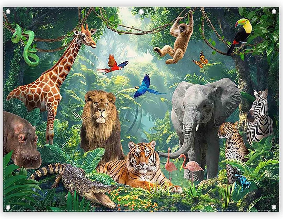 Fabric 8x6ft Jungle Forest Animals Photography Backdrop Tropical Rainforest Safari Background Wild Party Decorations Kids Event Photo Banner Props