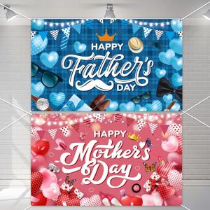 2PCS Happy Mother's Day Banner and Fathers Days Banner Set Large Fathers and Mothers Day Backdrop with Heart Letter Party for Mothersday Decoration Yard Sign Thanks Mom Dad Background Gifts