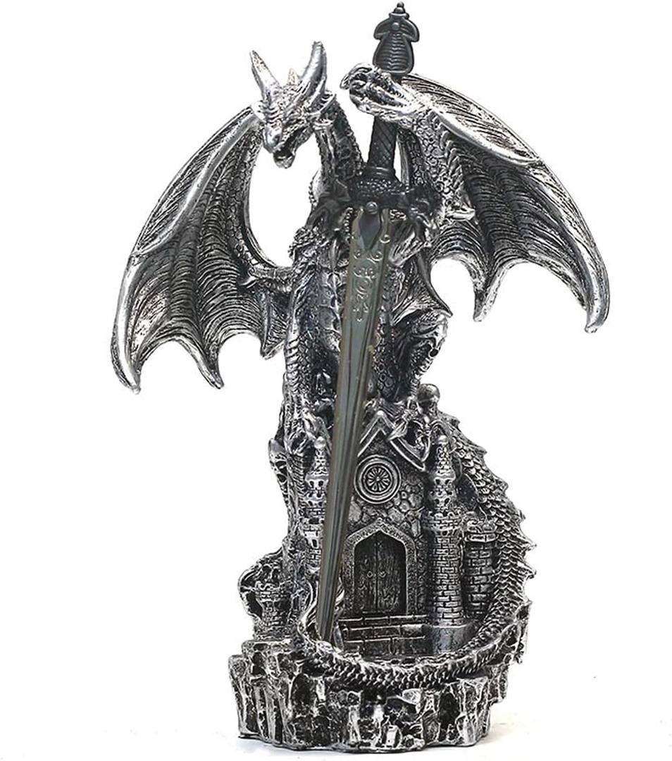 Dragon Statue with Medieval Sword-Collection Figurine Fantasy Decor - Silvery Dragon Standing Gothic Castle for Tabletop Bookshelf