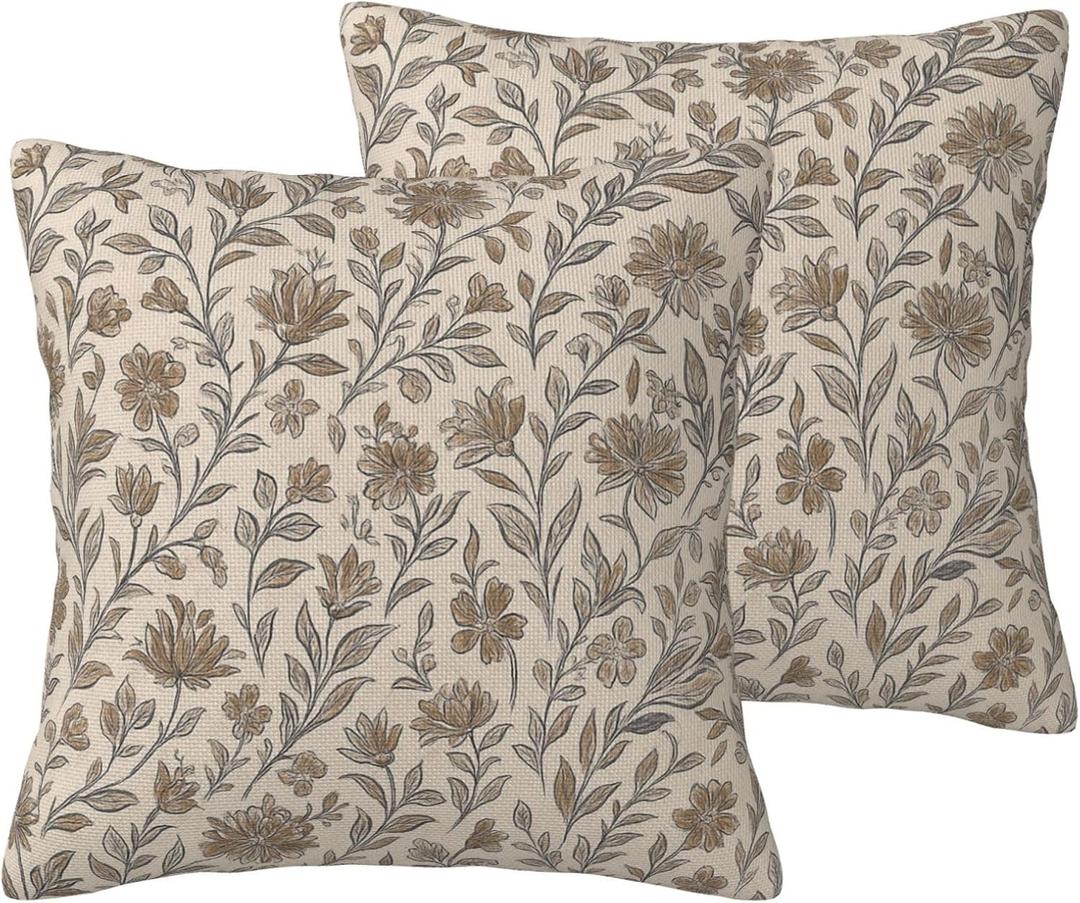 Vintage Floral Antique Decorative Throw Pillow Covers 18x18 Inch Set of 2, Flower Block Print Linen Square Pillow Cases for Farmhouse Couch Bed Sofa Chair Living Room Indoor Outdoor Decor