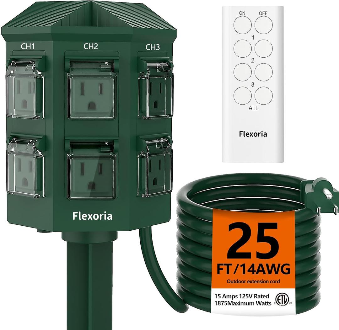 Outdoor Power Stake, 25 Feet Extension Cord Waterproof, Independently Remote Control 3 Sets of Outlets, 6 Grounded Outlets for Garden, Patio, Outdoor Decor, ETL Listed