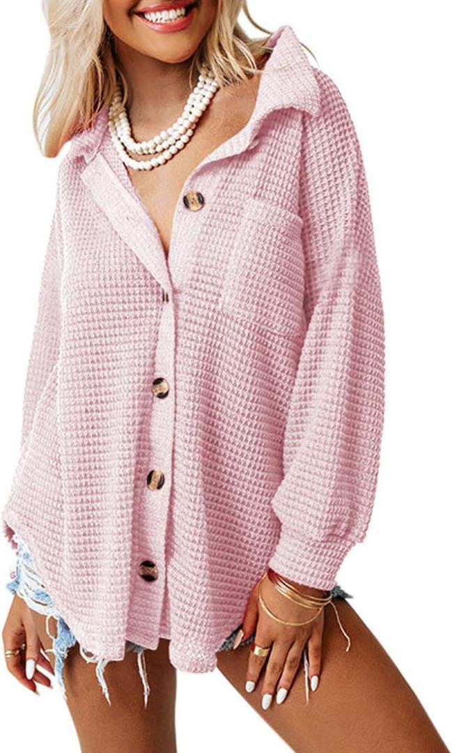 Dokotoo Women Waffle Knit Top 2026 Fashion Solid Color Oversized Long Sleeve Button Up Pockets Shirts Ladies Loose Fit Shacket Tunic Blouses Pink Medium