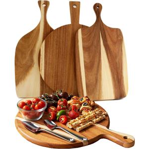 3 PACK Wood Charcuterie Cheese Board Set, Acacia Wooden Cutting Serving Board with Handle for Pizza Meat Fruit Bread Vegetables, Decorative Chopping Blocks