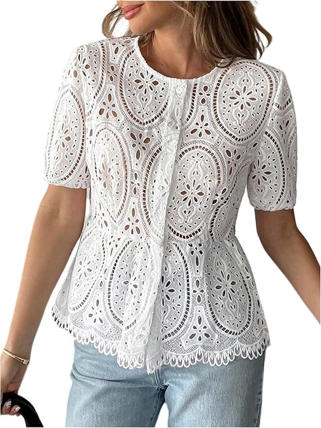 GORGLITTER Women's Eyelet Babydoll Shirts Button Down Lace Embroidered Short Sleeve Boho Dressy Peplum Blouses Top M