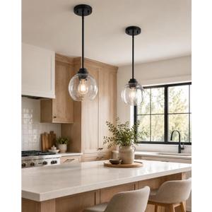 2-Pack Pendant Lights Kitchen Island, 7" Modern Black Hanging Lights Fixtures with Clear Seeded Glass Globe Shade, Kitchen Island Lighting for Bathroom, AD-22280-1P2-BK-S