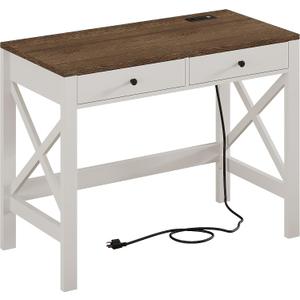 ChooChoo Computer Desk with USB Charging Ports and Power Outlets, Modern Simple 40 Inches Desk with Drawers, Makeup Vanity Console Table, Soft White