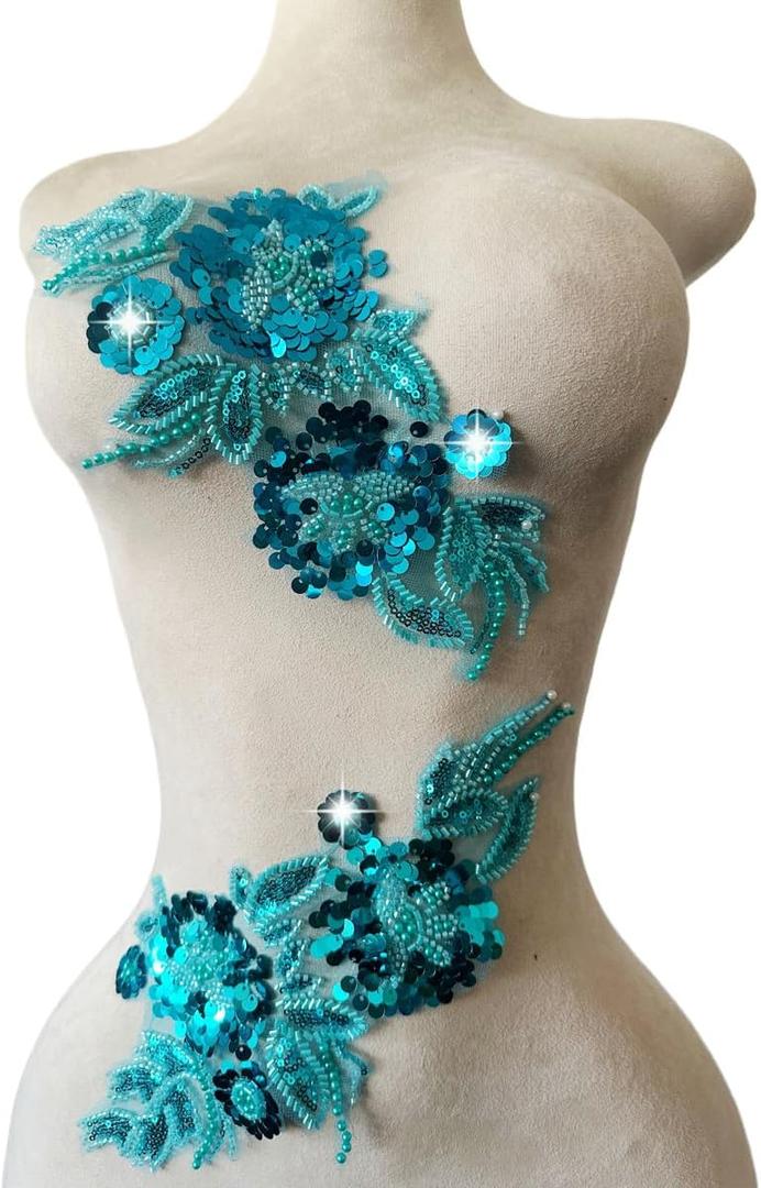 Handmade Sewing Sequin Beaded or Pearl Flower Fabric Lace Applique for Wedding Dress Gown Bodice Costume Clothing Craft DIY 2PCS/Bag 5.9X12.2inches (Sky Blue)