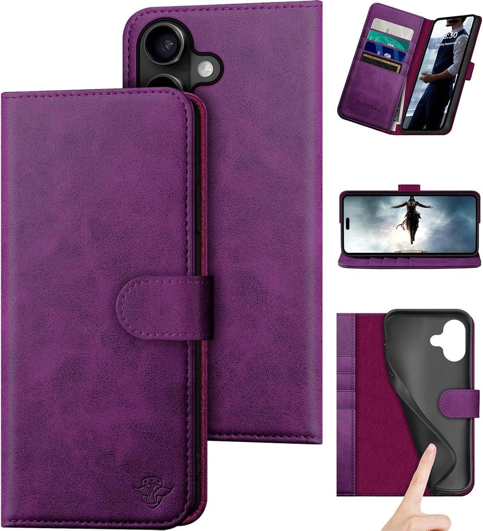 DuckSky Compatible with iPhone 17 6.3" Genuine Leather Wallet caseRFID Blocking4 Credit Card HolderReal Leather Flip Phone case Cover Women Men for Apple 17 case Purple