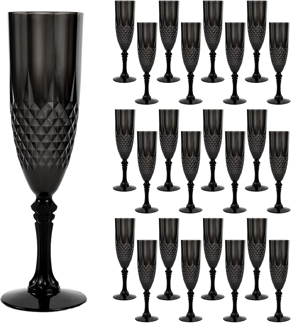 24 Pcs Black Plastic Champagne FlutesBlack Champagne Glasses Bulk, Made of Durable Plastic Material Can be Used for Weddings, Everyday Fun Parties and More!