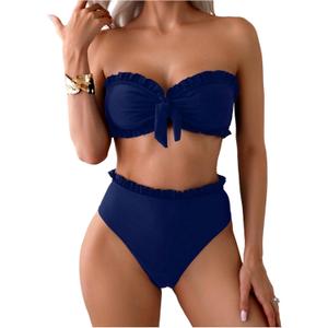 SOLY HUX Women's Bandeau Bikini Set Tie Knot Front Frill Strapless High Waisted Bathing Suit Two Piece Swimsuit (Plain Dark Blue, XL)