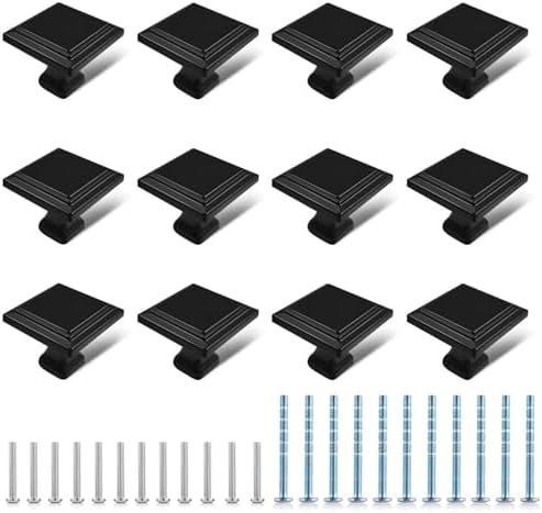 12 Pack Black Matte Cabinet Knobs, Square Drawer Knobs(30mm/1.2 Inch), Durable Dresser Knob with 24 PCS Screws, Pull Handle Hardware Kitchen Door Knobs for Cabinets