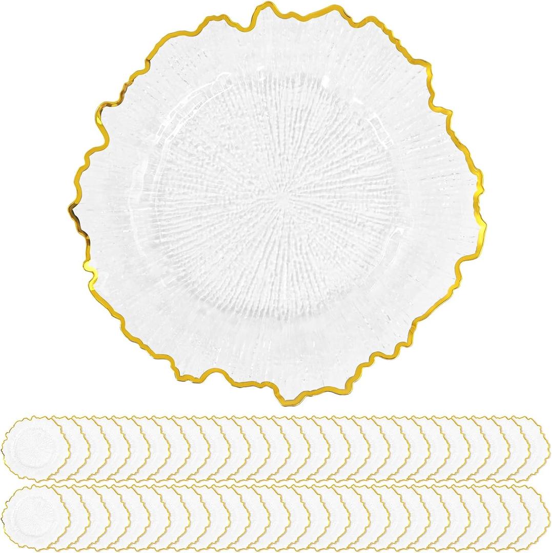 50 Pack Clear Charger Plates Bulk, 13" Plastic Reef Chargers for Dinner Plates, Round Charger Plate with Gold Rim Floral Reef Design for Dinner Wedding Party Table Setting Decoration