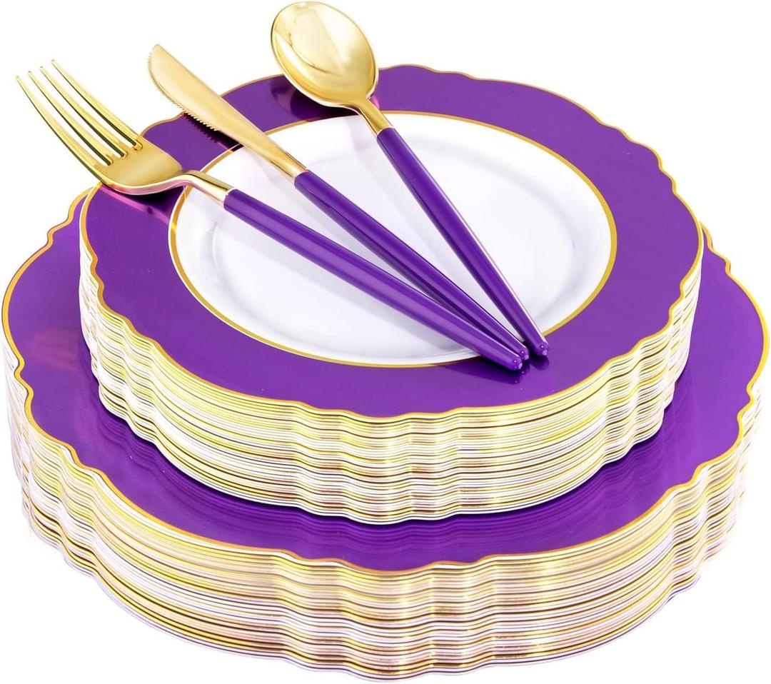 WDF 30Guest Purple Plastic Plates with Gold Rim & Disposable Gold Plastic Silverware With Purple Handle - Baroque Party Plates Mardi Gras Plate for Birthday Parties/Wedding