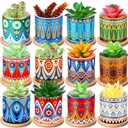 Zopeal 12 Pcs 3 Inch Succulent Pots Succulent Planters Cylinder Ceramic Pots Mandala Multicolor Cactus Pot with Drainage Holes and Bamboo Trays for Indoor Plants Flowers Cactus Garden Decoration