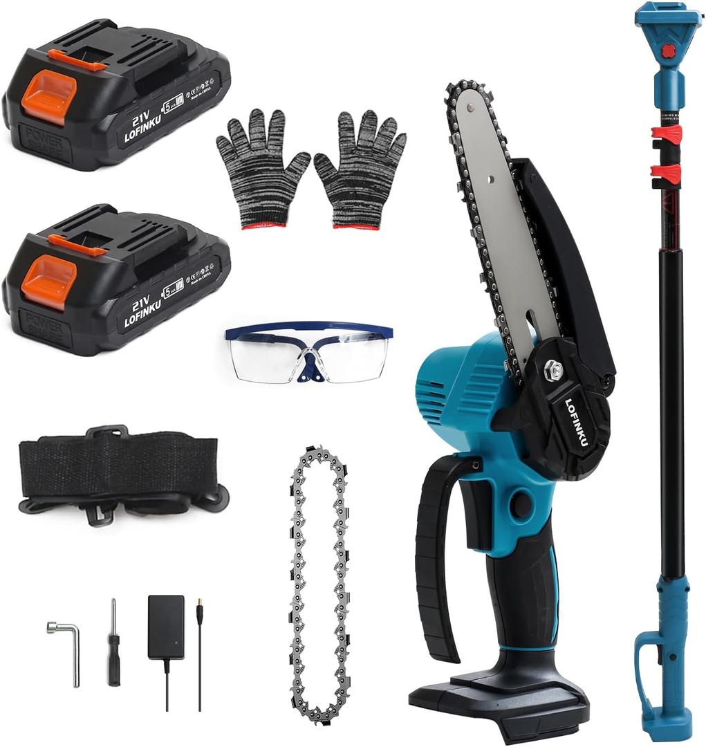 2-in-1 Cordless Pole Saw & Mini Chainsaw for Tree Trimming & Yard Work, Adjustable Pole 1.942.45m, 2 Batteries, Pure Copper Motor, Lightweight Design, Blue  Ideal for Homeowners & Gardeners