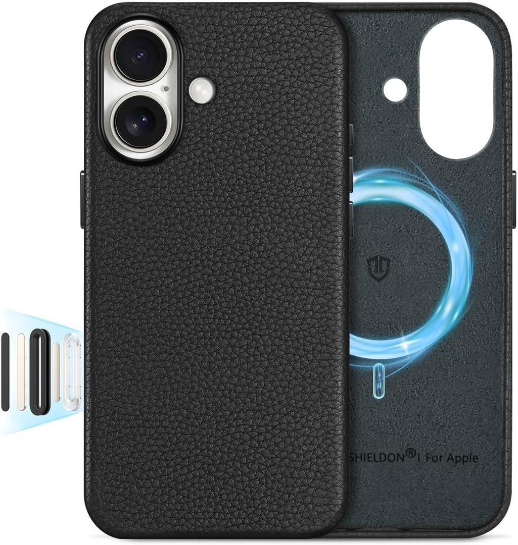 SHIELDON Leather Case for iPhone 17 6.3" 2025, Compatible with Magsafe, Updated Camera Button, Magnetic Wireless Charging, Shock-Absorbent, Slim Comfort Grip, Non-Slip, Camera Bezel - Pebbled Black