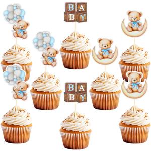 24 PCS Bear Cupcake Toppers, Baby Shower Baby Bear Cake Decorations Little Bear Cupcake Topper for Bear Theme Baby Shower Birthday Supplies (Blue) (Blue)