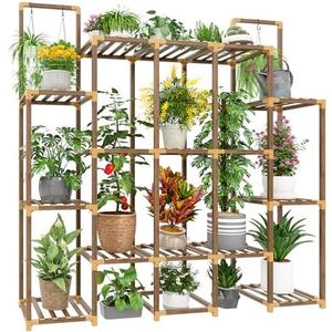 EnHomee Plant Stand Indoor for Multiple Plants Stand Outdoor with 18-22 Potted Double Rod for Hanging Plant Shelf 570 LBS Wood Plants Shelves 56''W×11.6''D×47''H