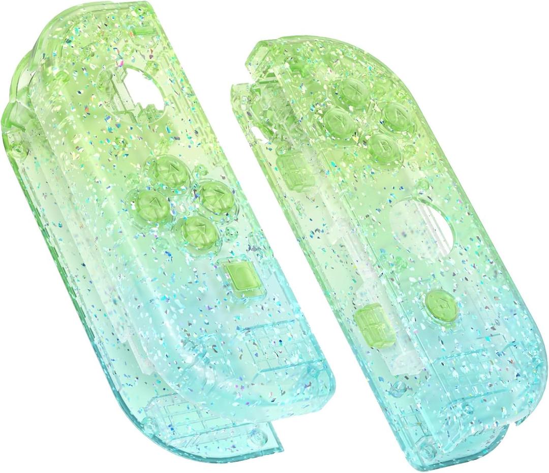 eXtremeRate DIY Replacement Shell Buttons for Nintendo Switch & Switch OLED Joycon and Strap, Glitter Gradient Translucent Green Blue Housing Wrist Strap Cover with Buttons for Switch & Switch OLED