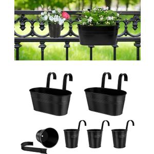 2 Pcs 10.8 Metal Railing Planter for Outdoor Plants  4 Pcs 3.9 Balcony Hanging Flower Pots with Detachable Hooks, Drainage Holes, Oval Bucket Rail Box Fence Planters for Home Garden Dcor, Black